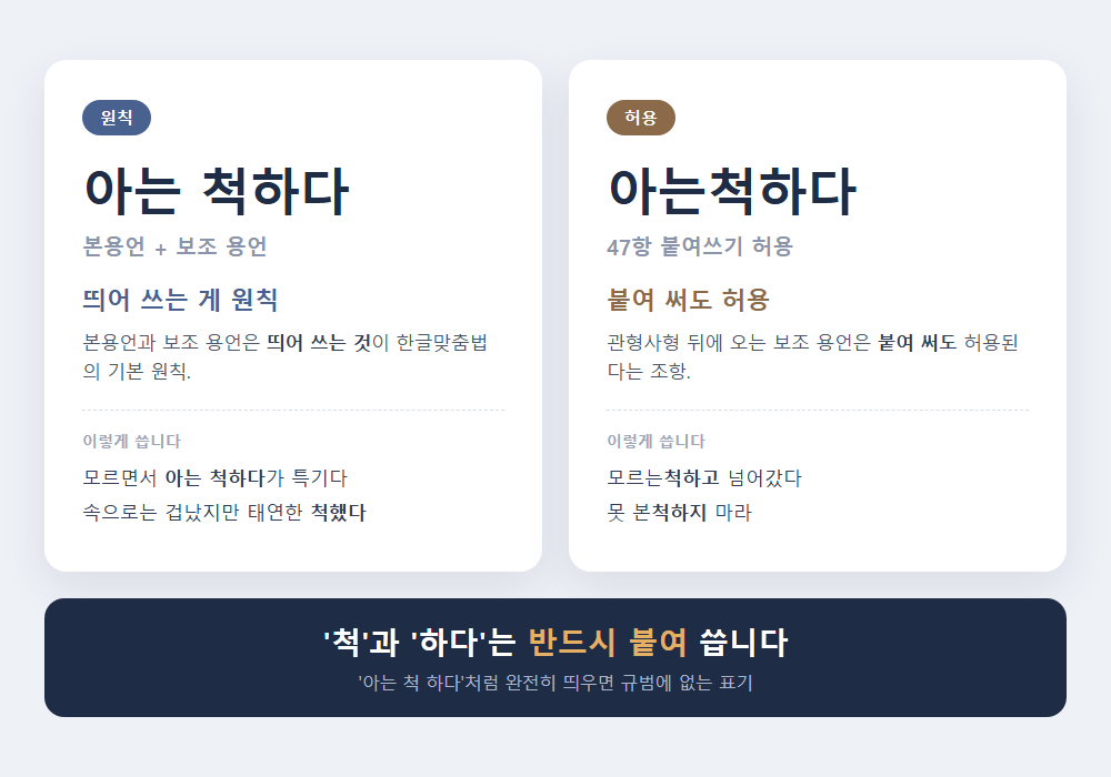 아는 척 아는척 비교 - 원칙은 아는 척하다, 허용은 아는척하다