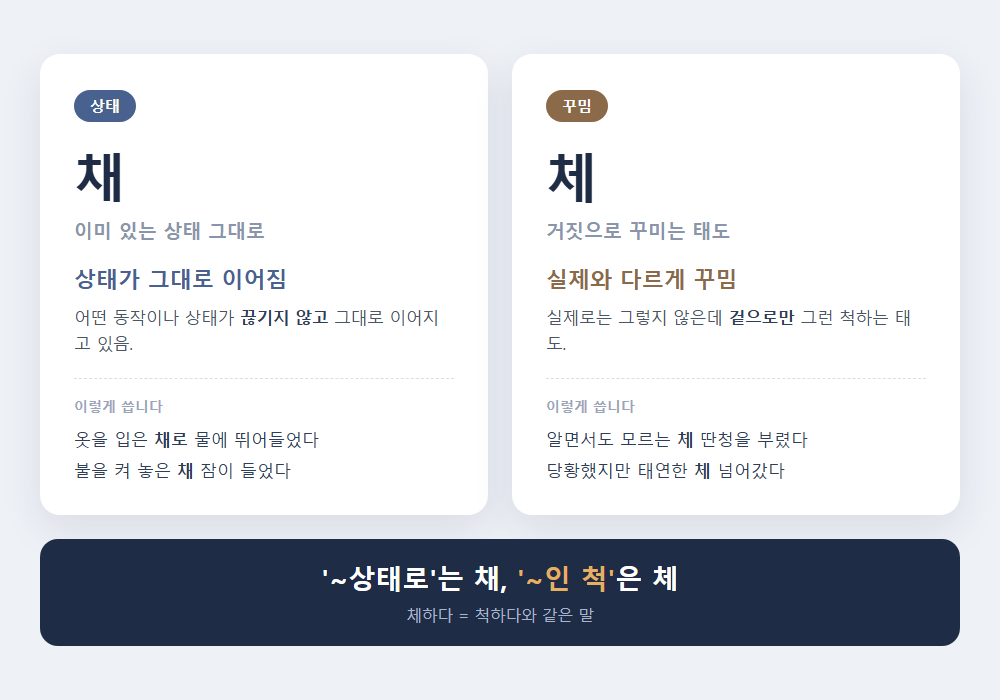 채 체 비교 - 채는 있는 상태 그대로, 체는 거짓으로 꾸미는 태도