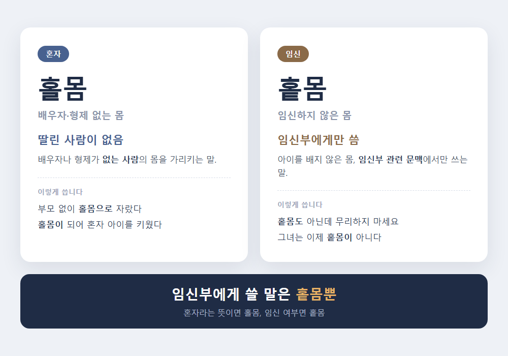 홀몸 홑몸 비교 - 임신부에게 쓸 말은 홑몸뿐입니다
