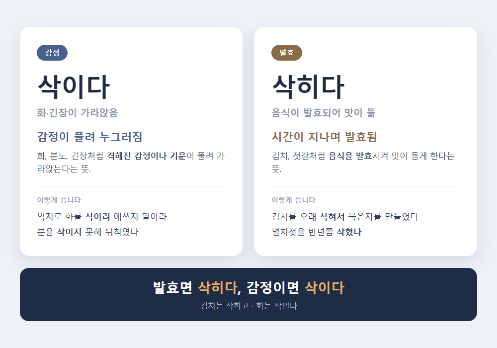삭이다 삭히다 차이 비교 - 화는 삭이고 김치는 삭힙니다